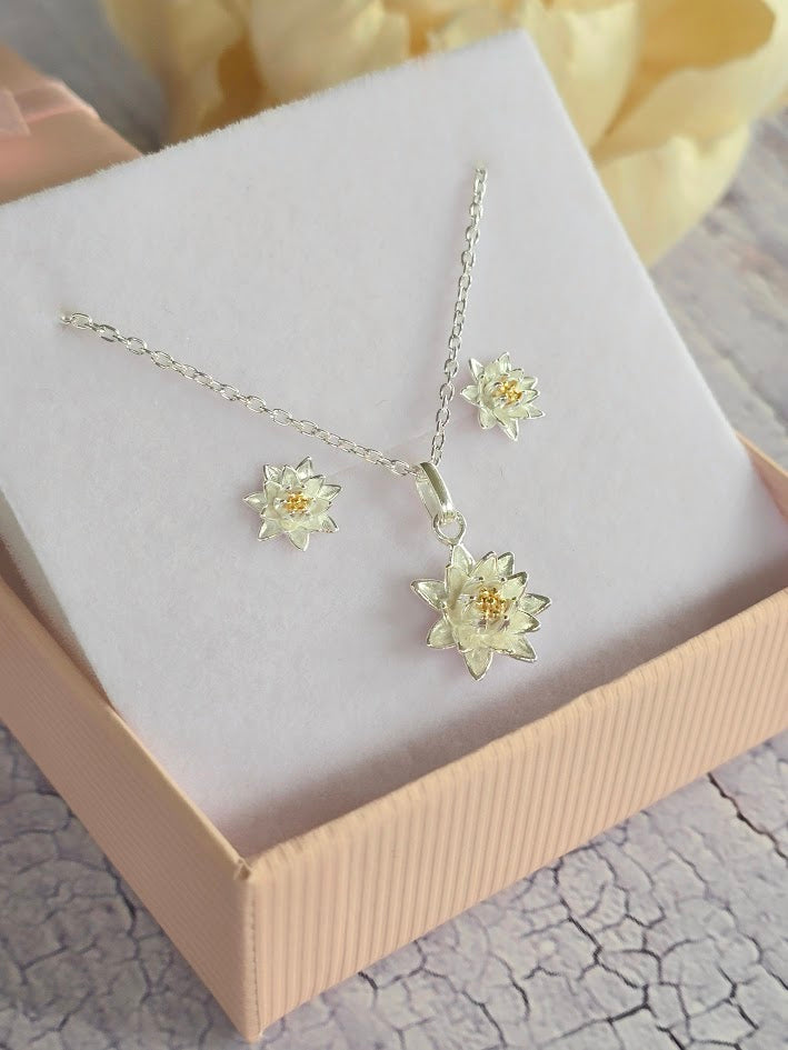 925 Sterling Silver Two-Tone Waterlily Jewellery Set | July Birth Flower | Everything's Rosie Jewellery