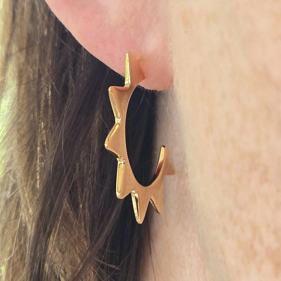 Gold Sunburst Hoops, Flat Hoops, Silver Hoops, Statement Earrings, Minimalist Hoops
