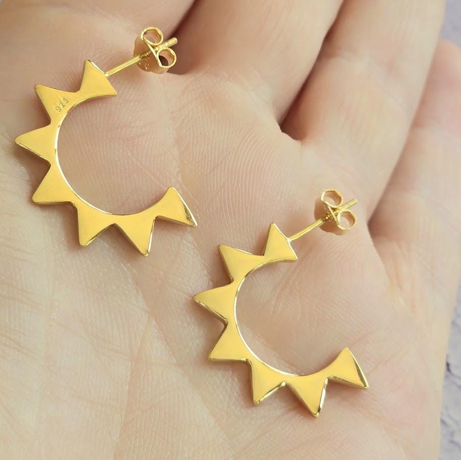 Gold Sunburst Hoops, Flat Hoops, Silver Hoops, Statement Earrings, Minimalist Hoops