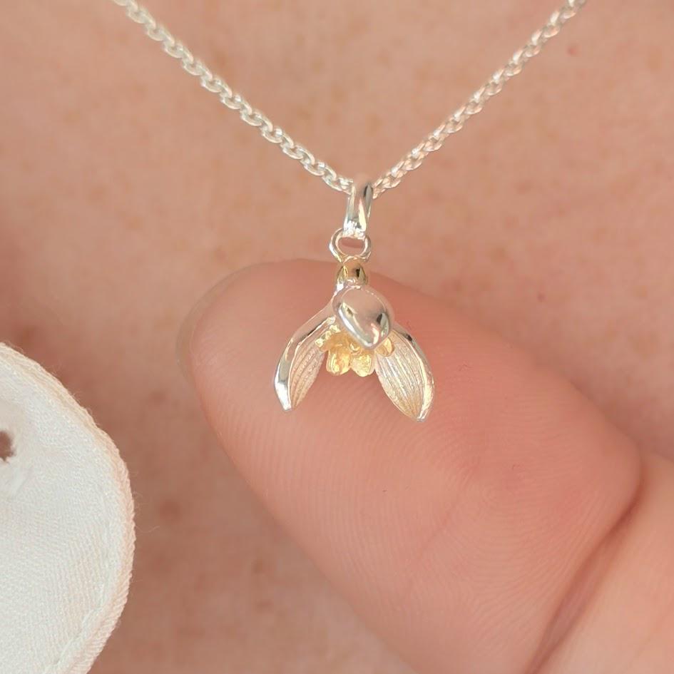 Two-Tone Sterling Silver & Gold Snowdrop Necklace, Nature-Inspired Floral Jewellery, Dainty Pendant, Unique Gift, January Birthday