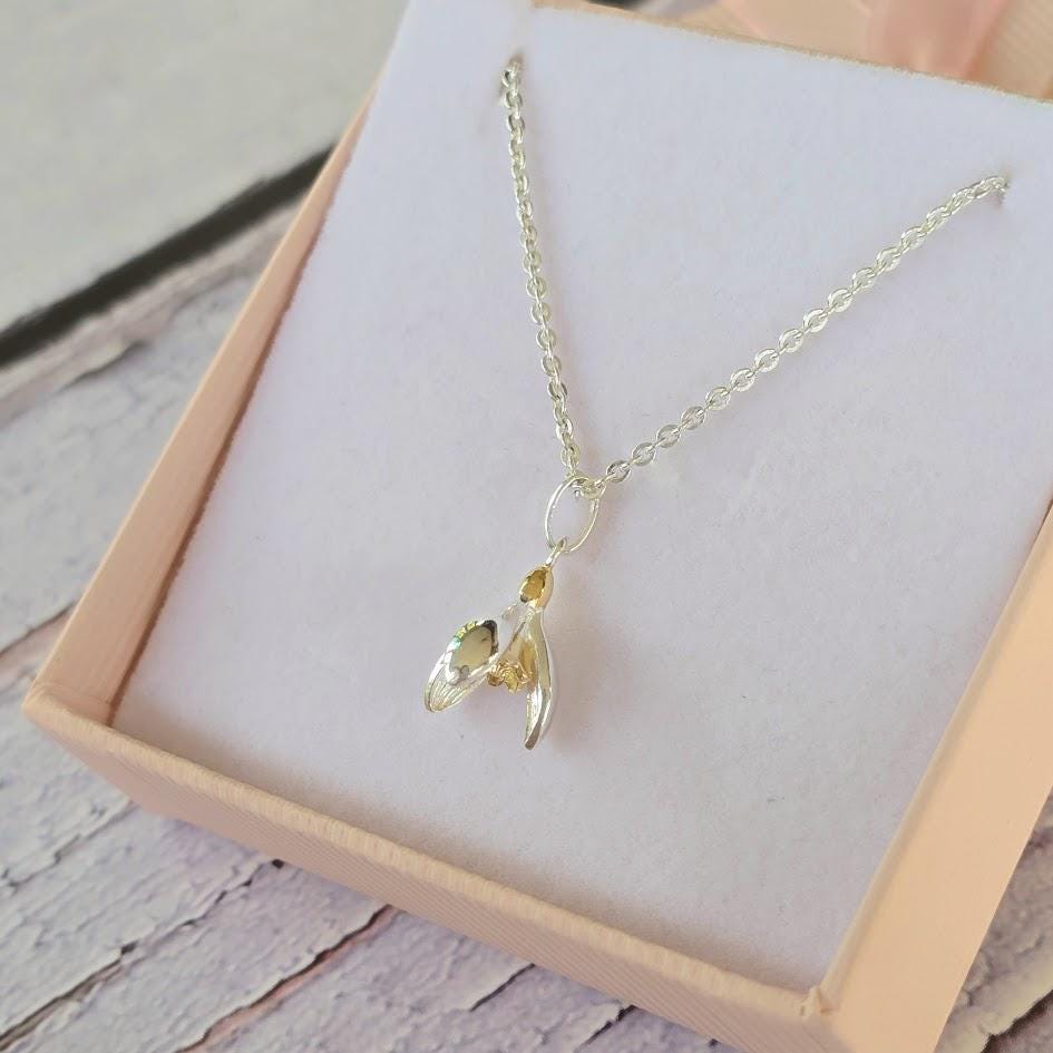 Two-Tone Sterling Silver & Gold Snowdrop Necklace, Nature-Inspired Floral Jewellery, Dainty Pendant, Unique Gift, January Birthday