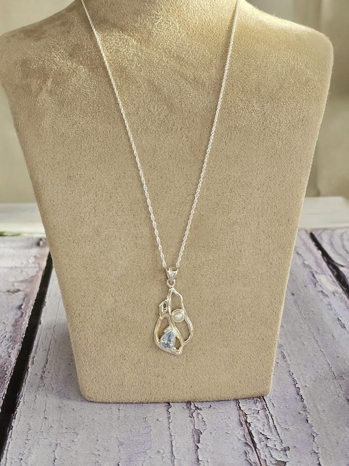 Sterling Silver Pendant, Blue Topaz Necklace, Pearl Detail, Abstract Design, Unique Jewellery, Modern Statement Piece, Gift for Her
