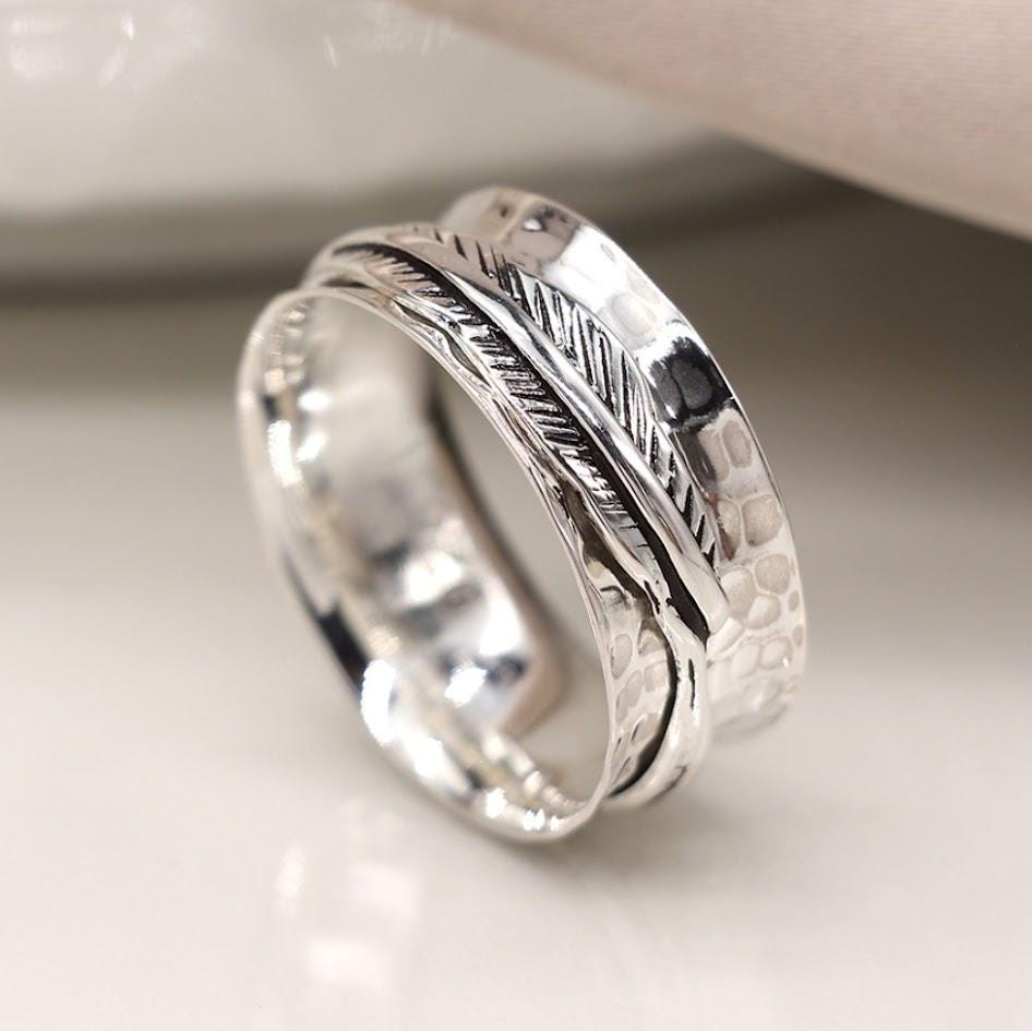 Silver Spinner Ring, Feather Design, Hammered Band, Fidget Ring, Boho Style, Nature Inspired, Stress Relief Jewellery