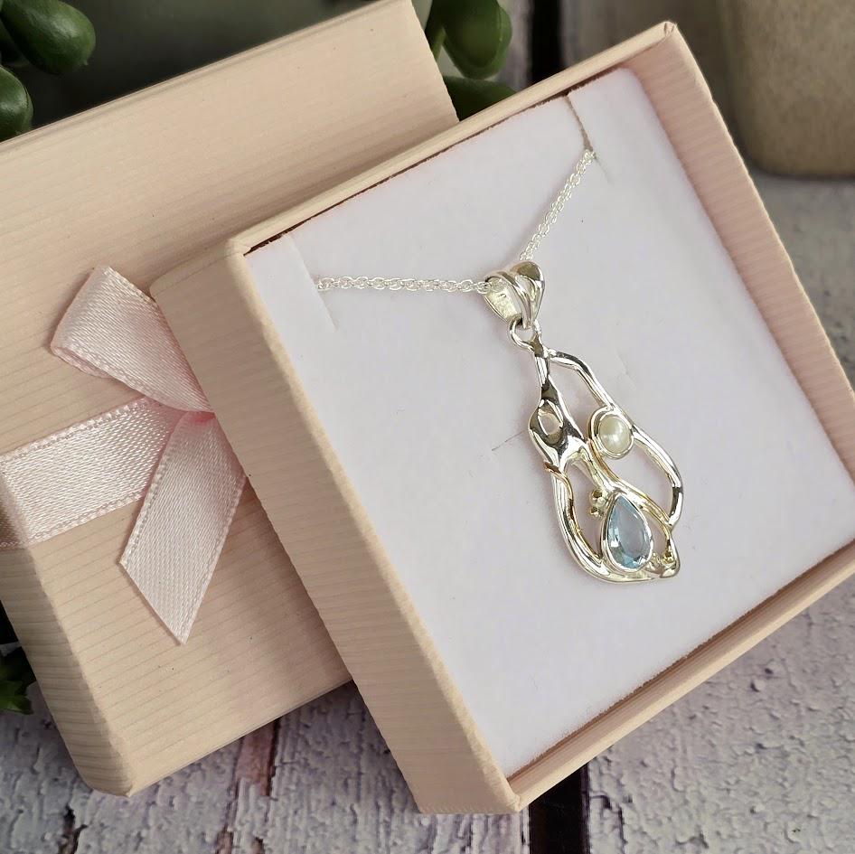 Sterling Silver Pendant, Blue Topaz Necklace, Pearl Detail, Abstract Design, Unique Jewellery, Modern Statement Piece, Gift for Her