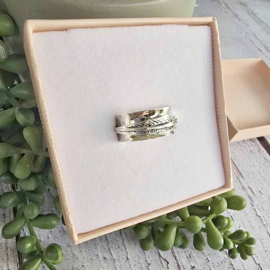 Silver Spinner Ring, Feather Design, Hammered Band, Fidget Ring, Boho Style, Nature Inspired, Stress Relief Jewellery