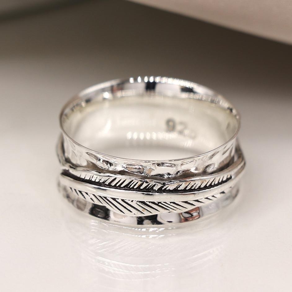 Silver Spinner Ring, Feather Design, Hammered Band, Fidget Ring, Boho Style, Nature Inspired, Stress Relief Jewellery