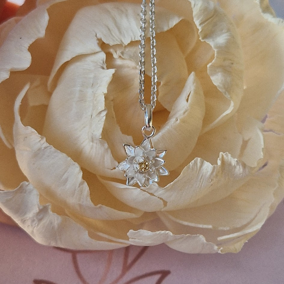 925 Sterling Silver Two-Tone Water Lily Necklace | July Birth Flower | Everything's Rosie Jewellery
