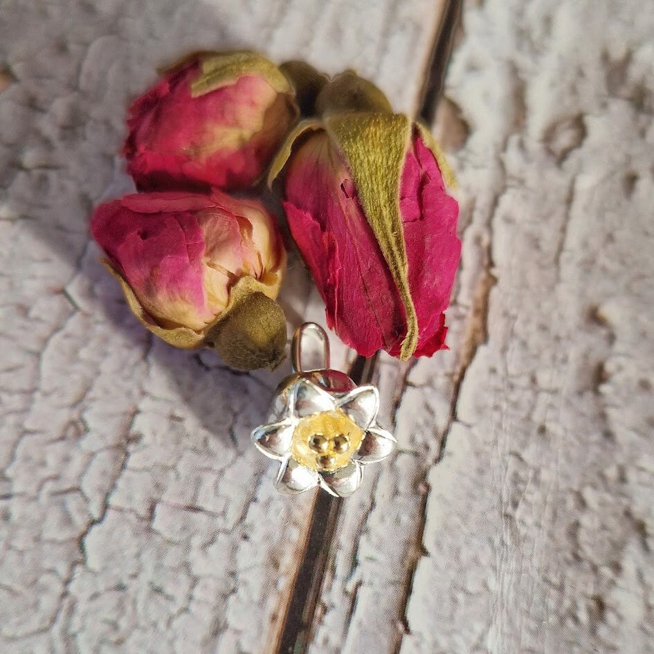 Waterlily sterling silver pendant, July birthday, two tone lily floral pendant