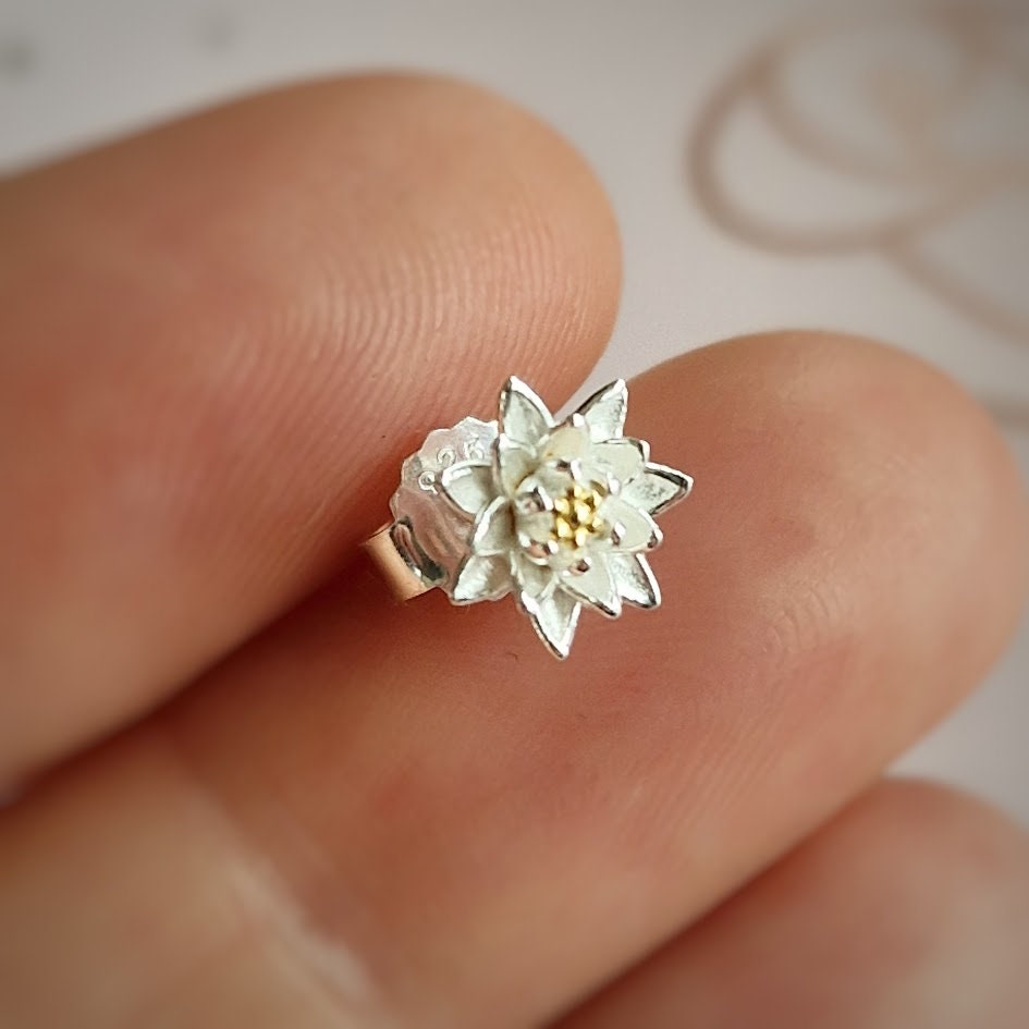 Waterlily sterling silver stud earrings, July birthday, Lily floral earrings