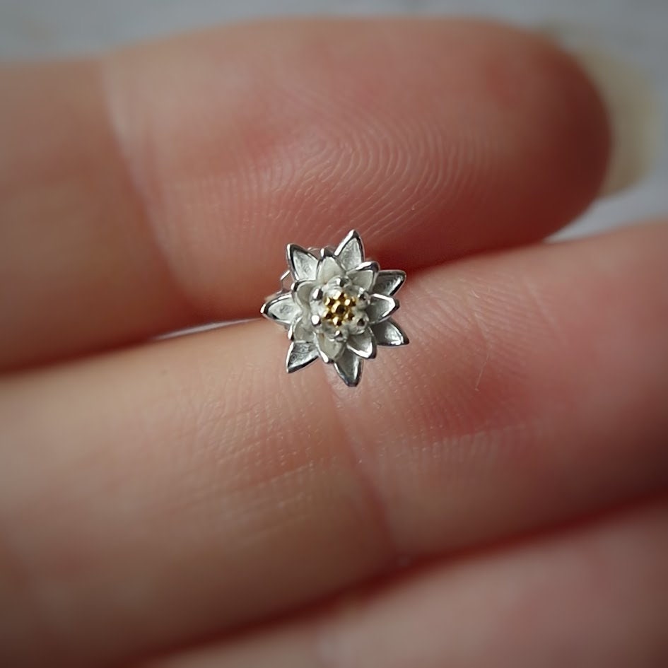 Waterlily sterling silver stud earrings, July birthday, Lily floral earrings