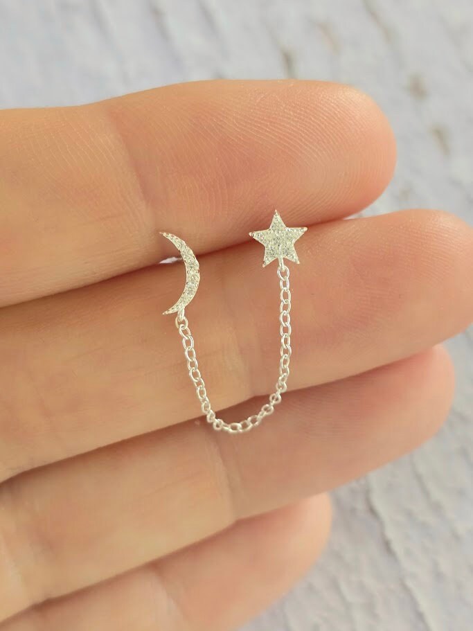 Dainty cubic zirconia set moon and star drop chain, silver double stud and drop chain, boho earrings, star and moon earrings.