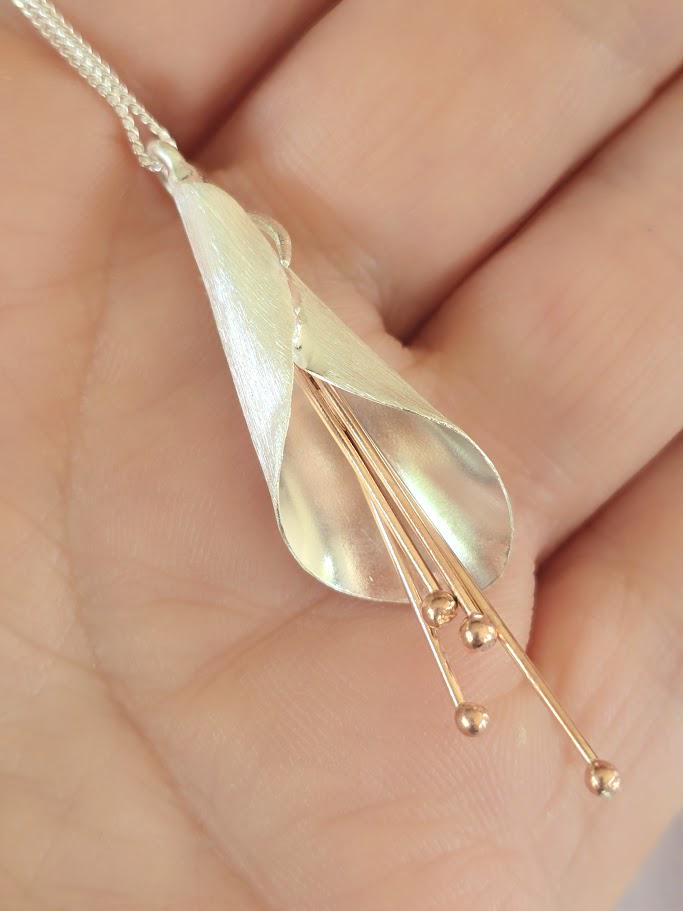 Sterling Silver Flower Pendant and Earrings, Silver and Rose Gold Set, Nature Inspired, Flower Jewellery, Flower Jewellery Set