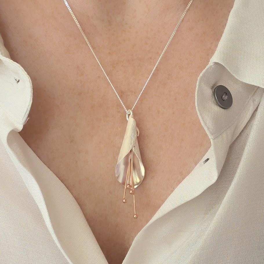Sterling Silver Flower Pendant and Earrings, Silver and Rose Gold Set, Nature Inspired, Flower Jewellery, Flower Jewellery Set
