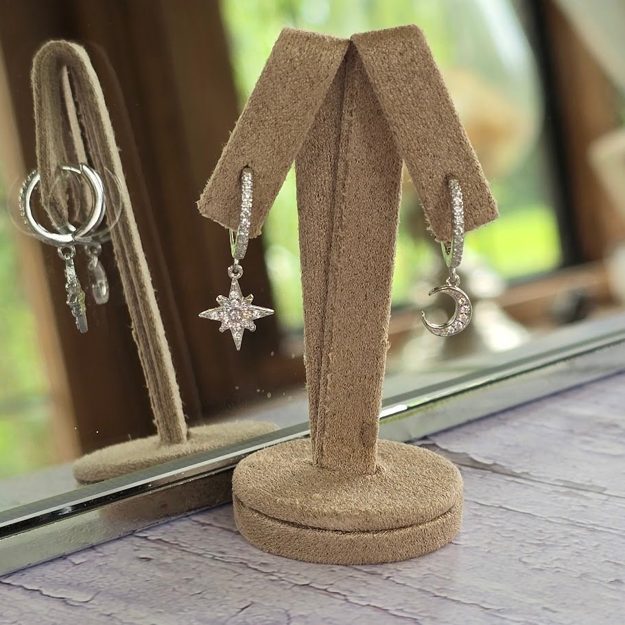 Dainty moon and star asymmetric huggie hoops, cubic zirconia moon and star hoops, sparkly hoops, celestial jewellery, minimalist earrings.