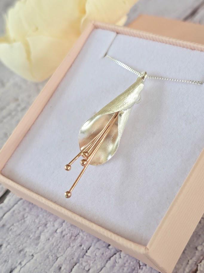 Sterling Silver Flower Pendant and Earrings, Silver and Rose Gold Set, Nature Inspired, Flower Jewellery, Flower Jewellery Set