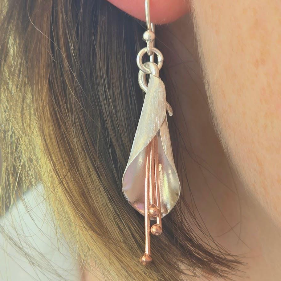 Sterling Silver Flower Pendant and Earrings, Silver and Rose Gold Set, Nature Inspired, Flower Jewellery, Flower Jewellery Set