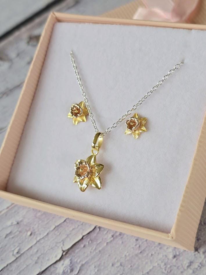 925 Sterling Silver Two-Tone Daffodil Jewellery Set | March Birth Flower | Everything's Rosie Jewellery
