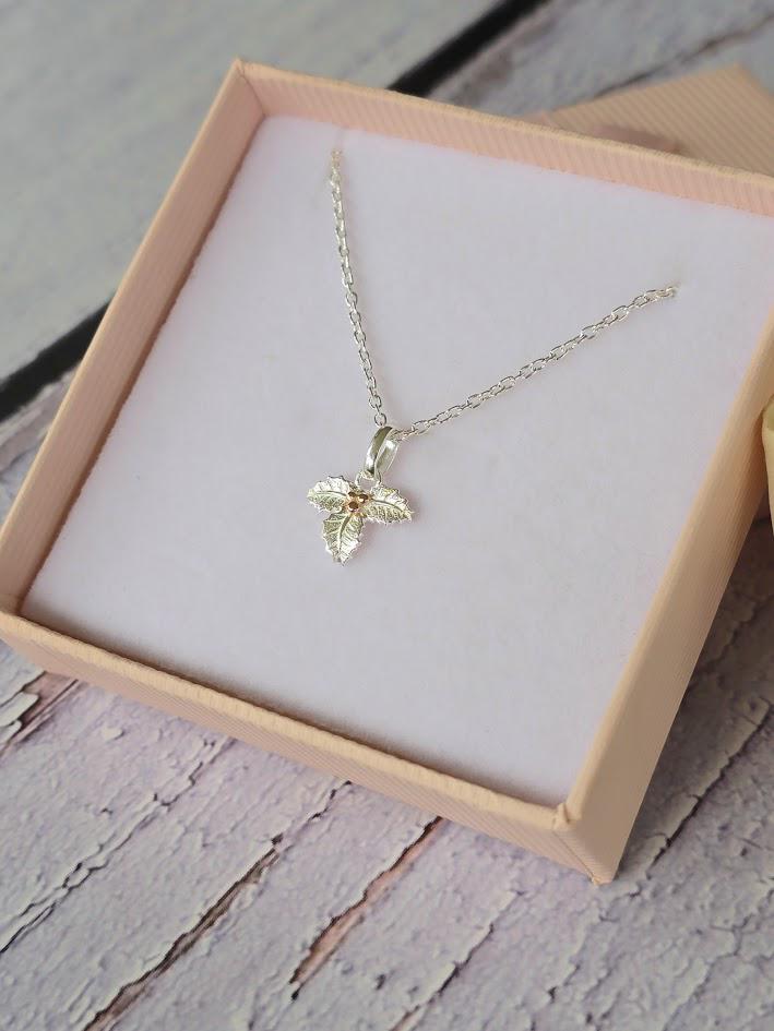 Sterling Silver Holly Pendant, December Birth Flower, Rose Gold Accents, Christmas Jewellery, Two Tone Jewellery, Dainty Necklace