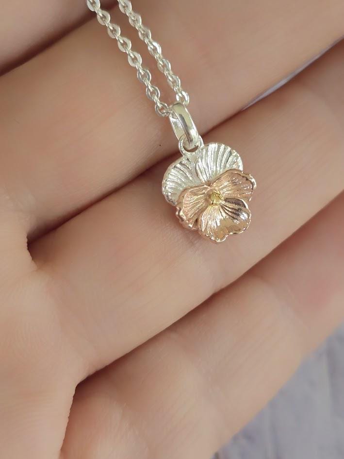 Violet 925 Silver Rose Gold Pendant, February Birthday, Floral Pendant, Botanical Design, Sign of Purity, Dainty Jewellery, Gift for Her