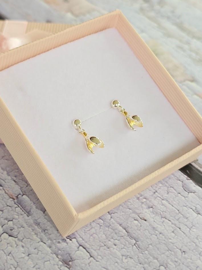 Two Tone Sterling Silver & Gold Snowdrop Earrings, Nature Inspired Floral Jewellery, Dainty Drop Earrings, January Birthday, Flower earrings