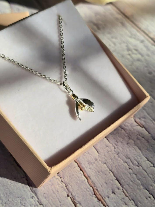 Two-Tone Sterling Silver & Gold Snowdrop Earrings, Nature-Inspired Floral Jewellery, Dainty Drop Earrings, Unique Gift, February Birthday