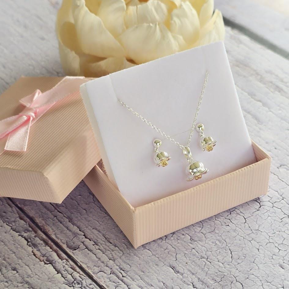 Botanical Earrings and Necklace, Lily of the Valley Silver Set, May Birthday, Symbol of Purity, Nature Inspired, Lily Earrings and Necklace