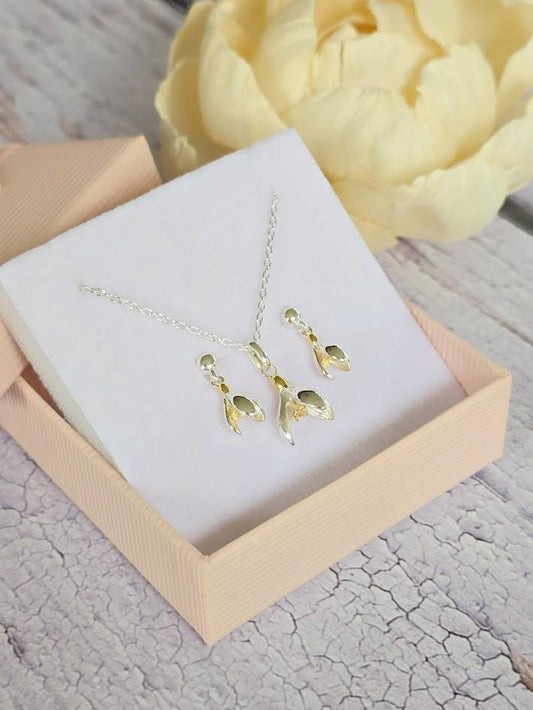 Two-Tone Sterling Silver & Gold Snowdrop Set, Nature-Inspired Floral Jewellery, Dainty Jewellery, Unique Gift, January Birthday