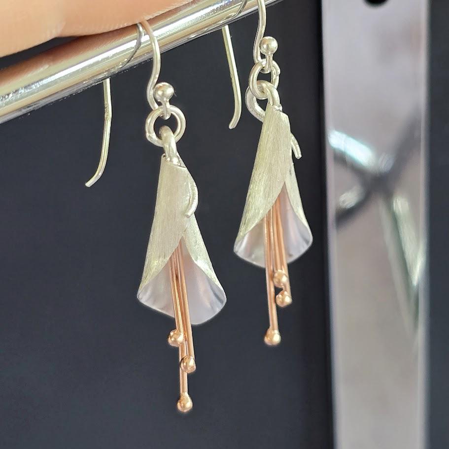 Sterling Silver Flower Pendant and Earrings, Silver and Rose Gold Set, Nature Inspired, Flower Jewellery, Flower Jewellery Set