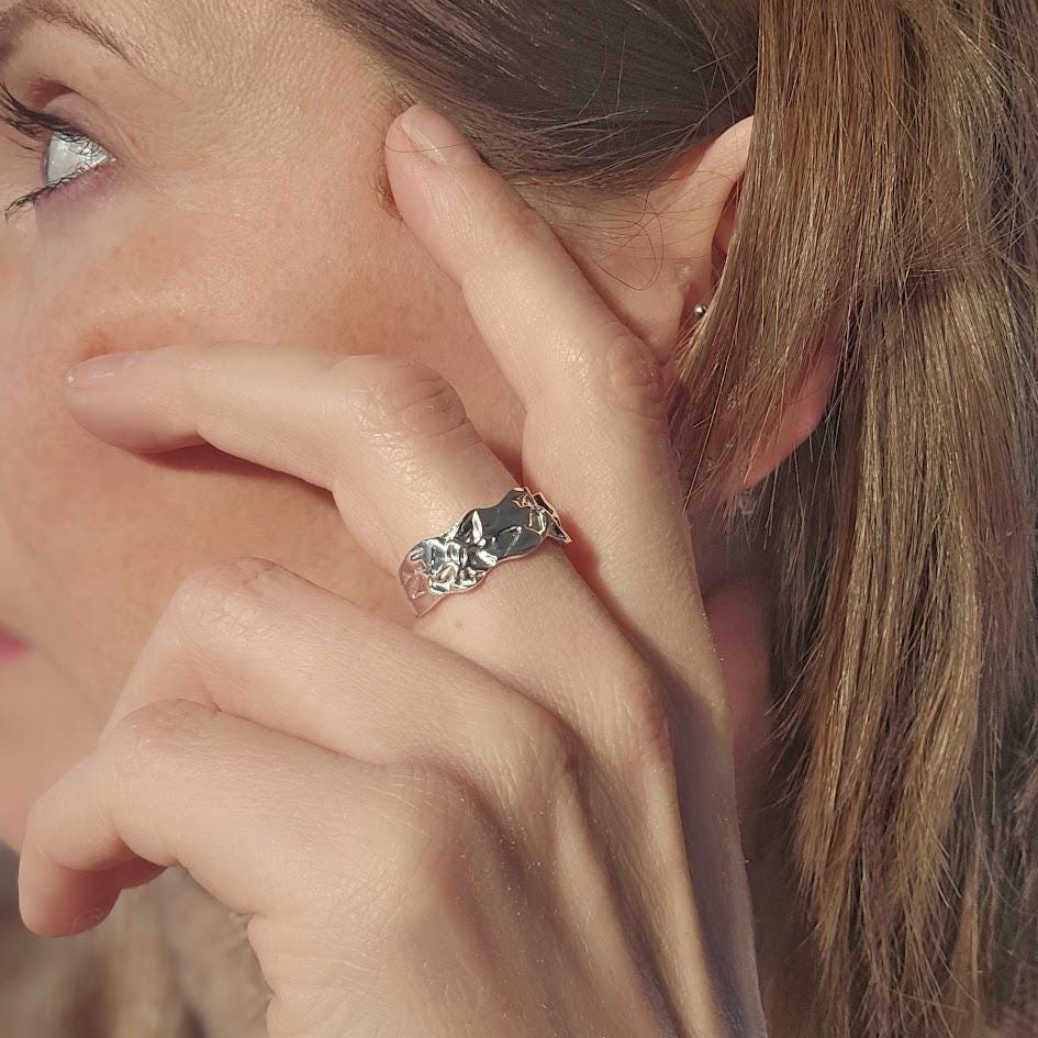 Silver Statement Ring, Organic Textured Band, Nature-Inspired Design, Unique Contemporary Jewellery, Modern Statement Piece