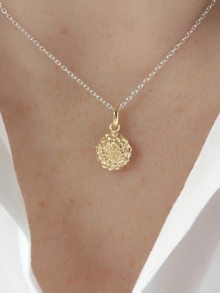 Botanical Design, Marigold Pendant, October Birthday, Gold Pendant, Sterling Silver, Sign of Purity, Nature Inspired, Jewellery Set,