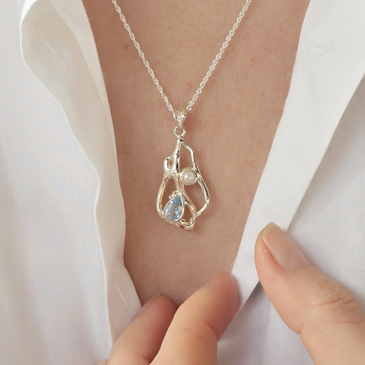 Sterling Silver Pendant, Blue Topaz Necklace, Pearl Detail, Abstract Design, Unique Jewellery, Modern Statement Piece, Gift for Her