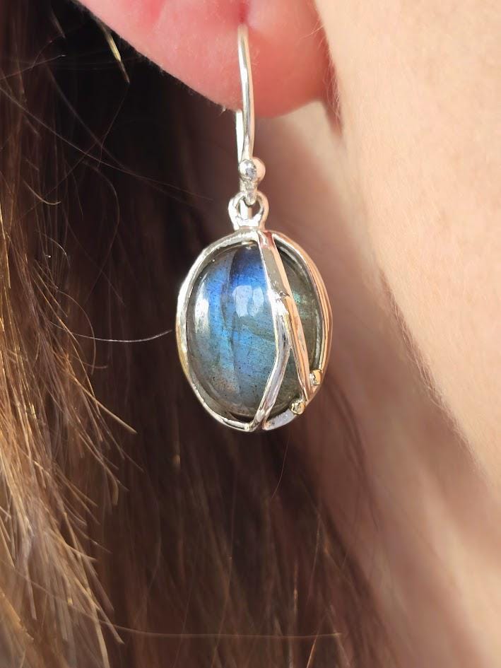Labradorite Dangle Earrings, Sterling Silver Wire Wrap, Boho Statement Jewellery, Handcrafted Gemstone Drop Earrings, Elegant Gift for Her