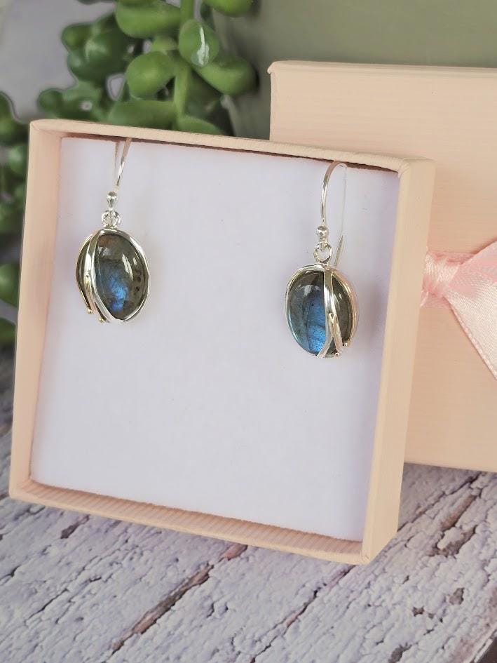 Labradorite Dangle Earrings, Sterling Silver Wire Wrap, Boho Statement Jewellery, Handcrafted Gemstone Drop Earrings, Elegant Gift for Her