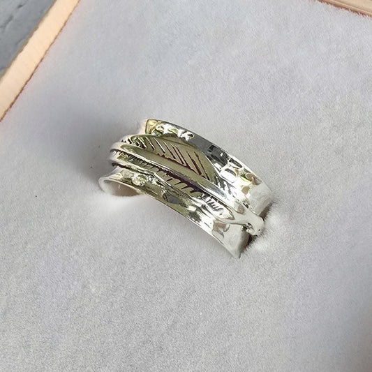 Silver Spinner Ring, Feather Design, Hammered Band, Fidget Ring, Boho Style, Nature Inspired, Stress Relief Jewellery