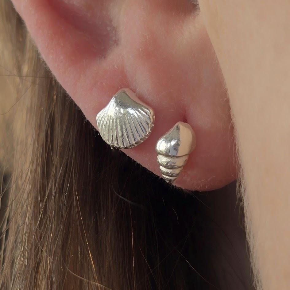 Silver Shell Earrings, Seashell Studs, Beach Inspired Jewellery, Sterling Silver Ocean Earrings, Minimalist Beach Gift for Her