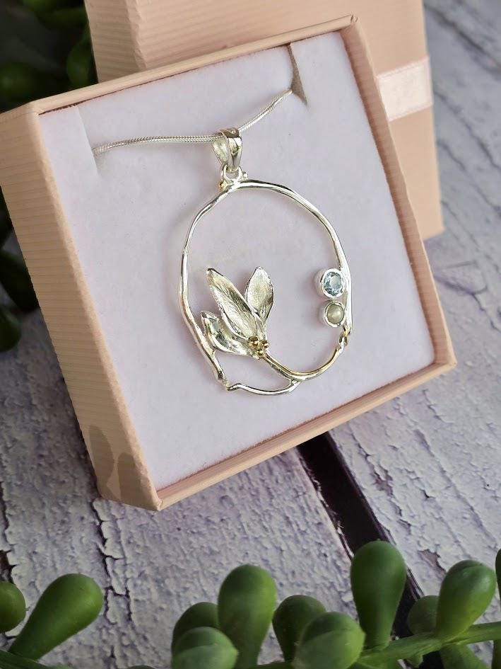 Silver Statement Pendant, Botanical Necklace, Nature Inspired Design, Contemporary Circle Pendant, Blue Topaz and Pearl Necklace