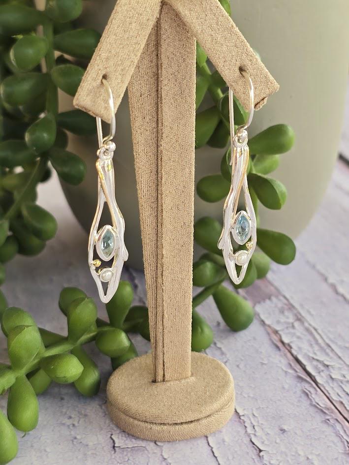 Silver Abstract Earrings, Marquise Gemstone Earrings, Pearl Accent, Nature Inspired, Contemporary Design, Statement Jewellery, Blue Topaz