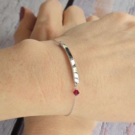 Silver ID Bracelet, Dainty Swarovski Jewellery, Minimalist Bracelet, Elegant Gift, Sterling Silver Bracelet, July Birthday, Ruby Swarovski