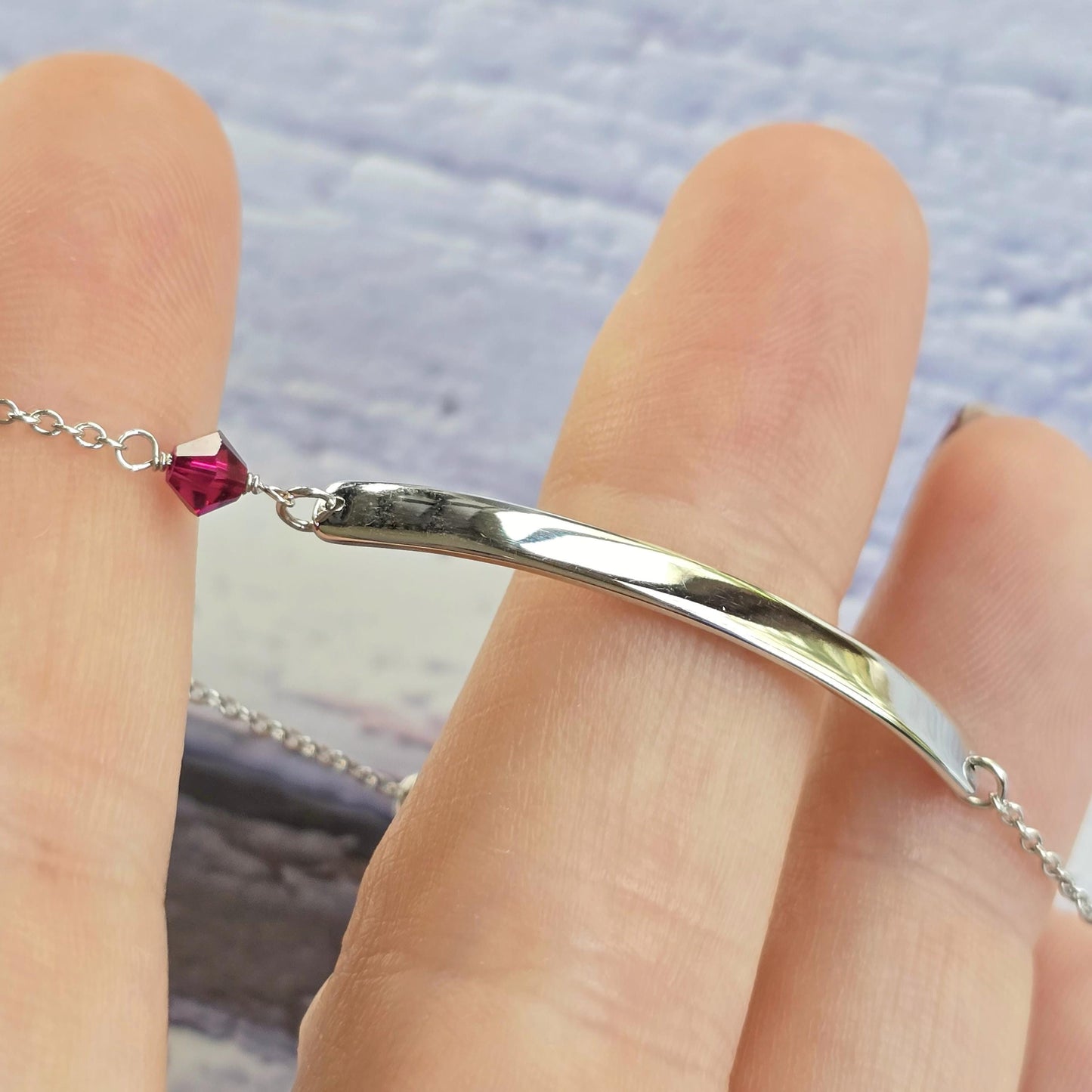 Silver ID Bracelet, Dainty Swarovski Jewellery, Minimalist Bracelet, Elegant Gift, Sterling Silver Bracelet, July Birthday, Ruby Swarovski