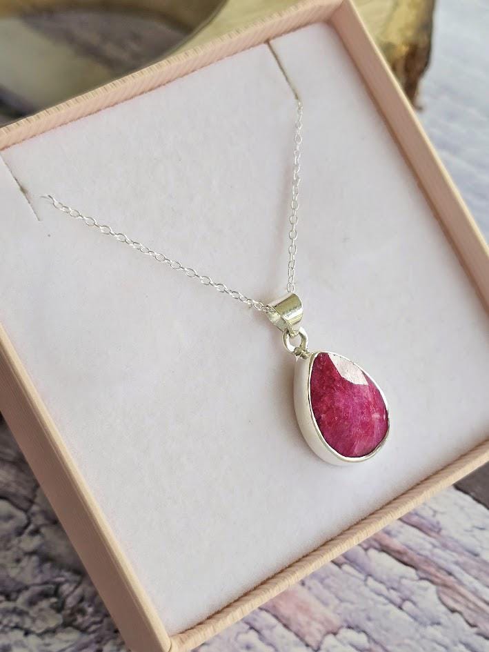 Silver Ruby Teardrop Necklace, Statement Necklace, Red Gemstone Jewellery, Sterling Silver Gift, Elegant Jewellery for Women, Gift for Her