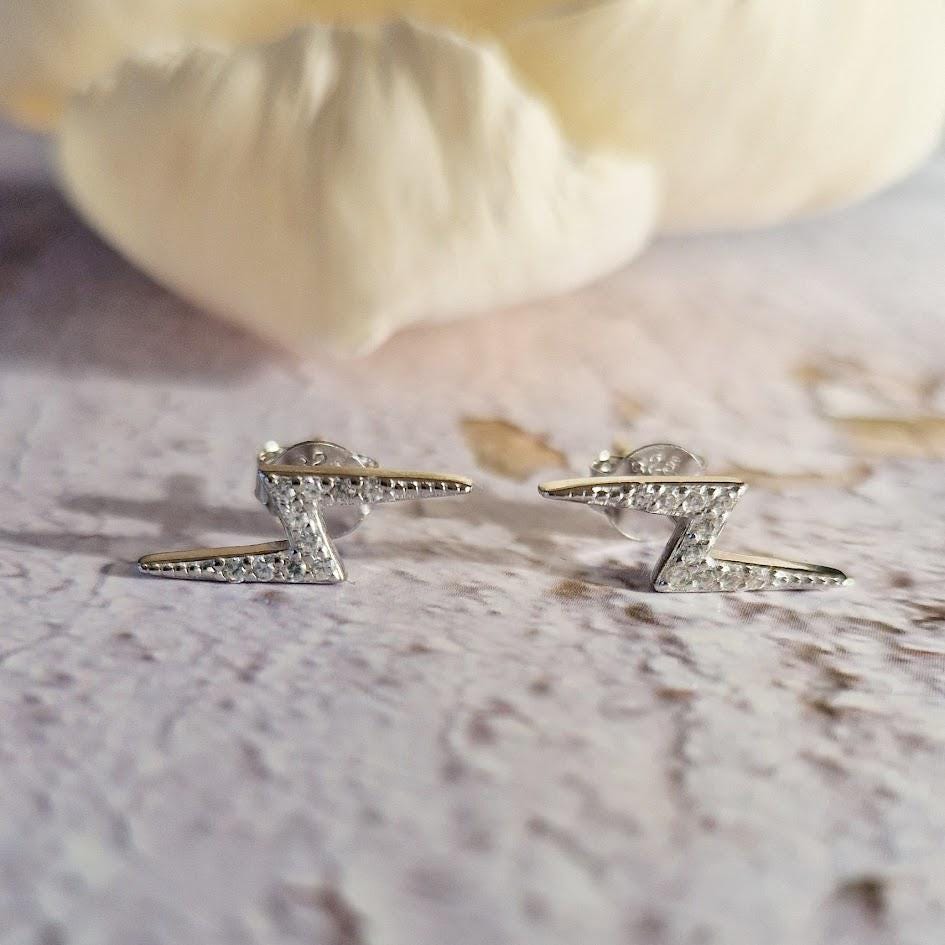 Silver Lightning Bolt Earrings, Dainty Studs, Minimalist Jewellery, Sterling Silver, Sparkly CZ Earrings, Gift for Her, Everyday Earrings