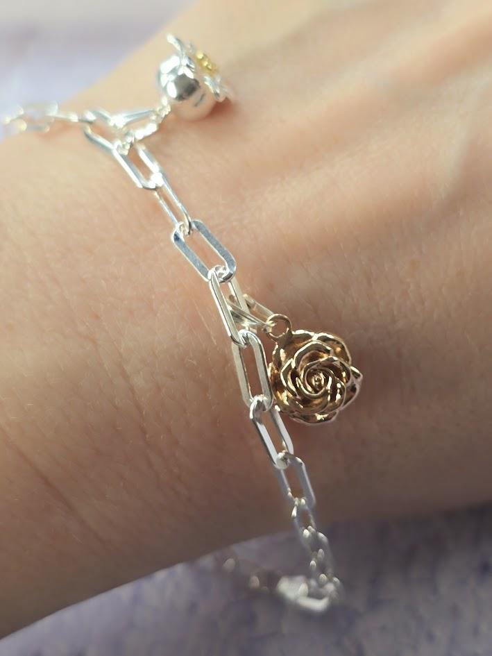 Silver Rose Charm, June Birth Flower, Sterling Silver & Rose Gold, Floral Jewellery, Paperclip Bracelet Charm, Gift for Her