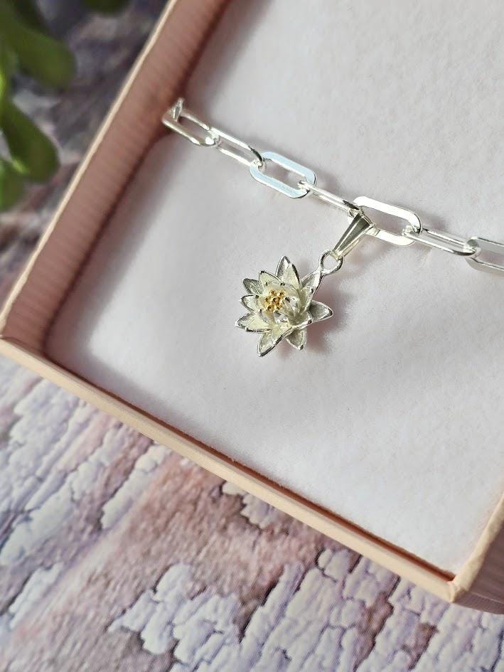 Silver Water Lily Charm, July Birth Flower, Sterling Silver & Gold, Floral Jewellery, Paperclip Bracelet Charm, Gift for Her