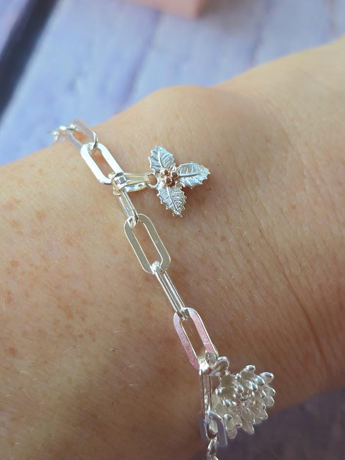 Silver Holly Charm, December Birth Flower, Sterling Silver & Gold, Floral Jewellery, Paperclip Bracelet Charm, Gift for Her