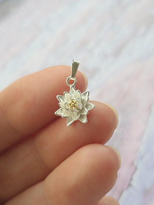 Silver Water Lily Charm, July Birth Flower, Sterling Silver & Gold, Floral Jewellery, Paperclip Bracelet Charm, Gift for Her