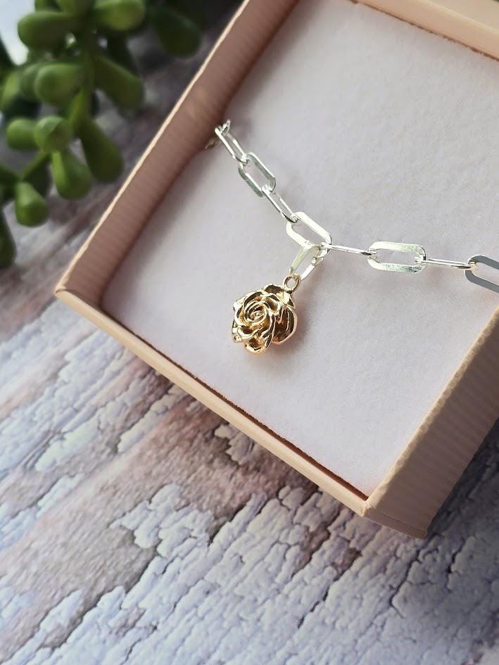 Silver Rose Charm, June Birth Flower, Sterling Silver & Rose Gold, Floral Jewellery, Paperclip Bracelet Charm, Gift for Her