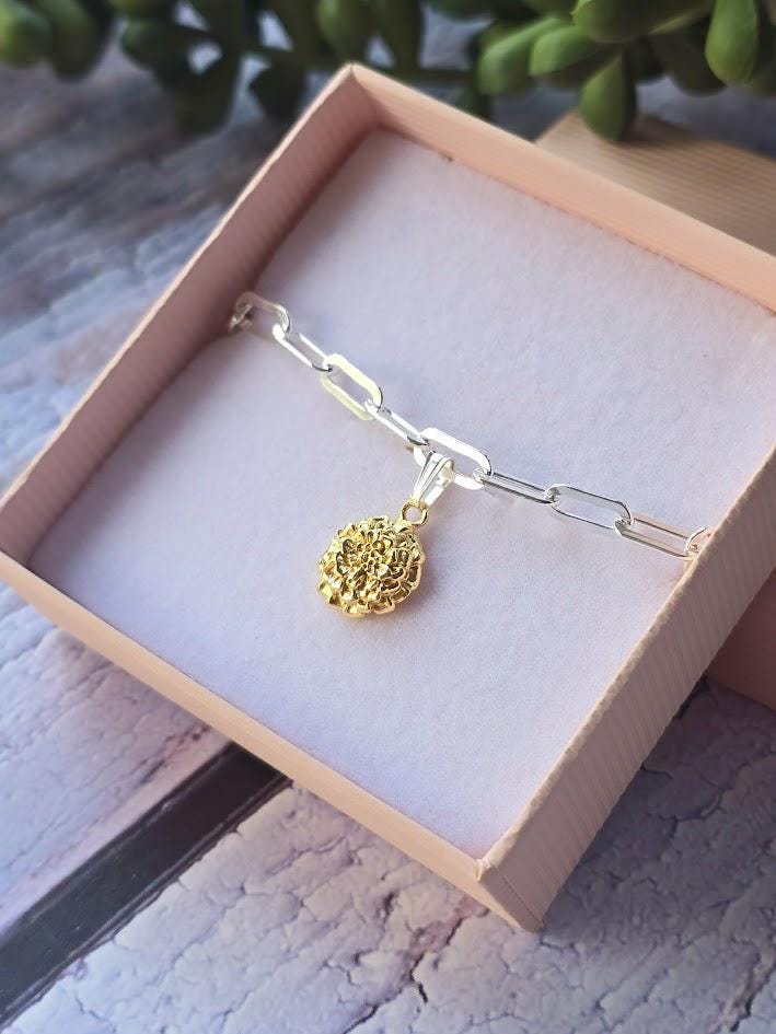 Silver Marigold Charm, October Birth Flower, Sterling Silver & Gold, Floral Jewellery, Paperclip Bracelet Charm, Gift for Her