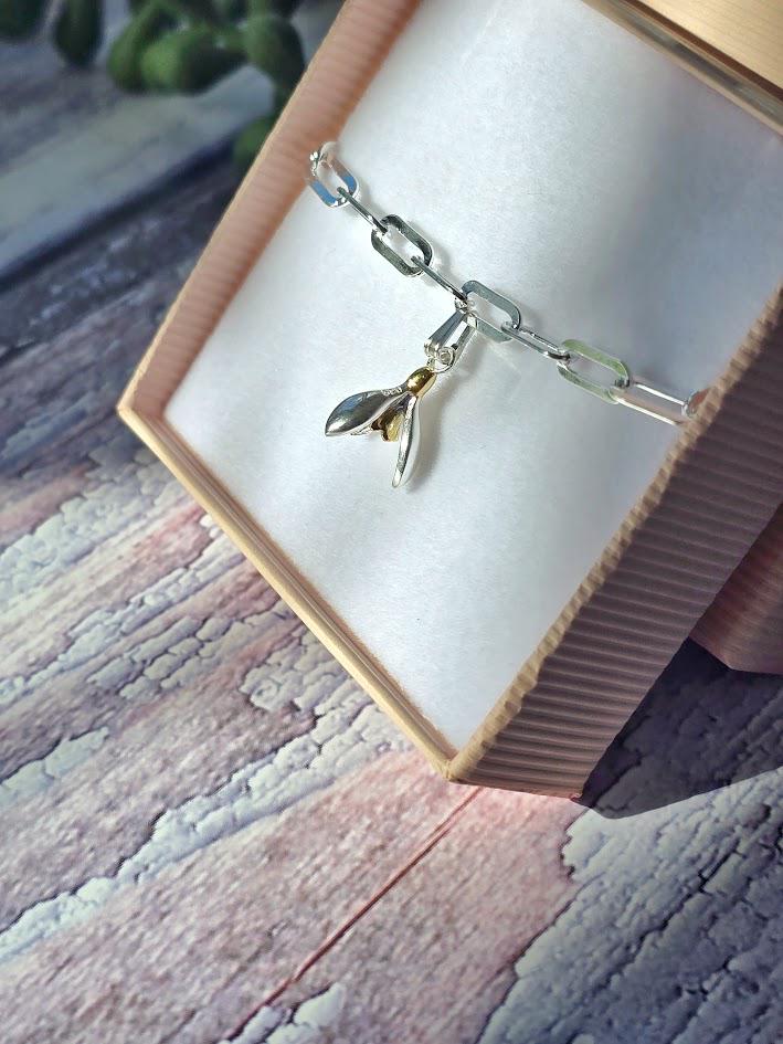 Silver Snowdrop Charm, January Birth Flower, Sterling Silver & Gold, Floral Jewellery, Paperclip Bracelet Charm, Gift for Her